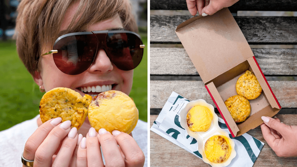 a side by side photo of a smiling person holding up two egg bites and a top down photo of both starbucks and tim hortons egg bites