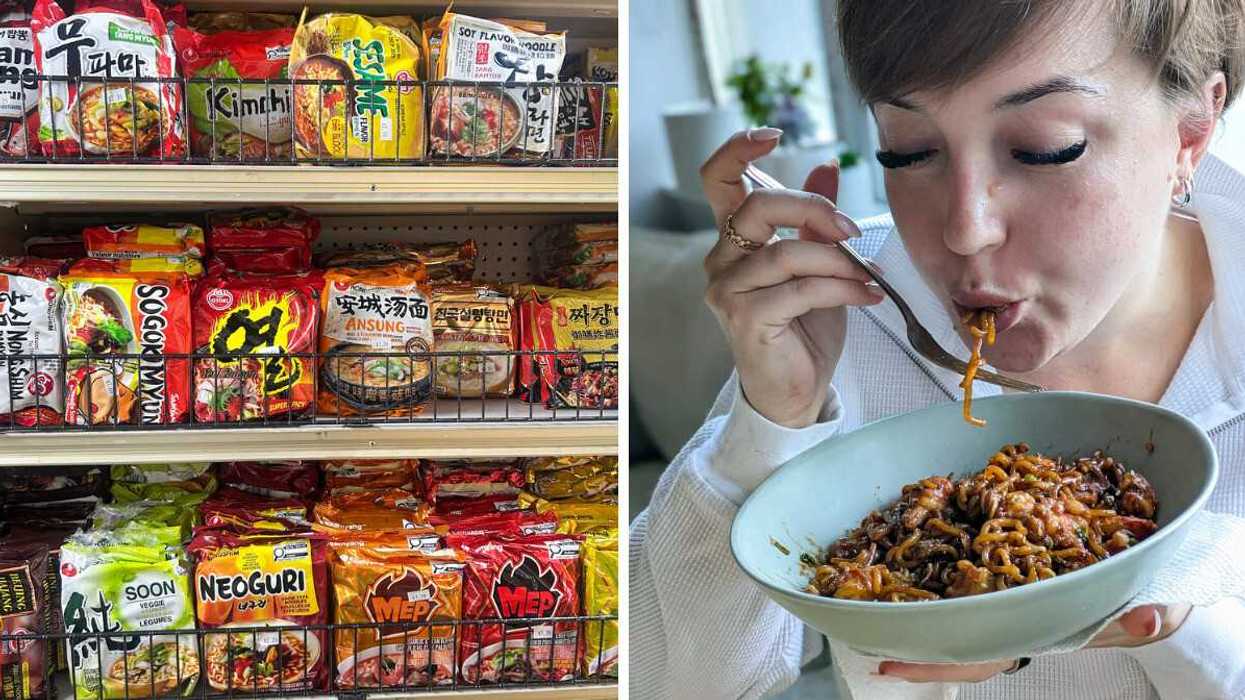 a side by side photo of different instant noodles on a grocery store shelf. Right: A person slurping up cooked instant noodles from a bowl