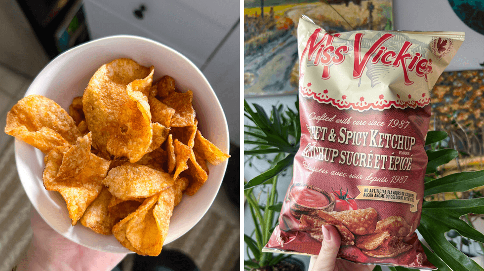 A side by side photo of ketchup chips in a bowl and in a bag