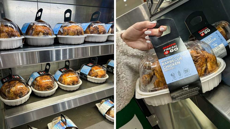 a side by side photo of mammoth rotisserie chickens in a hot deli and a photo of a person picking up a mammoth roast chicken.