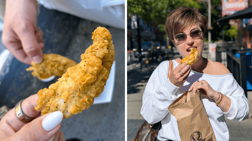 A side by side photo of mary browns chicken tenders and a person eating one of the tenders