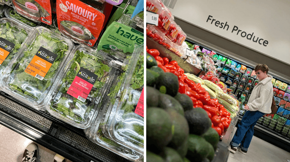 a side by side photo of salad packages and a person shopping in a produce aisle