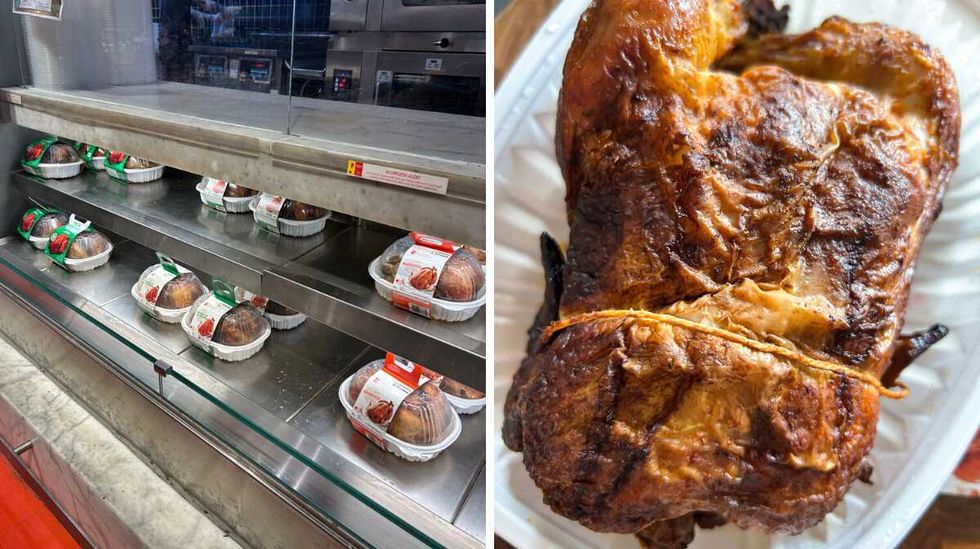 a side by side photo of several rotisserie chickens in a hot deli and close-up of a rotisserie chicken