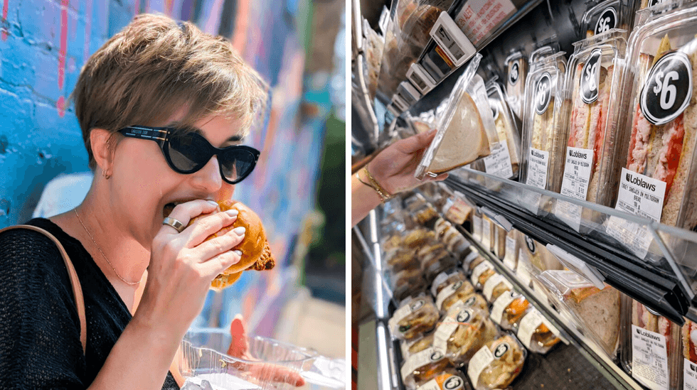 a side by side photo of someone eating a sandwich and someone picking a sandwich off a deli shelf