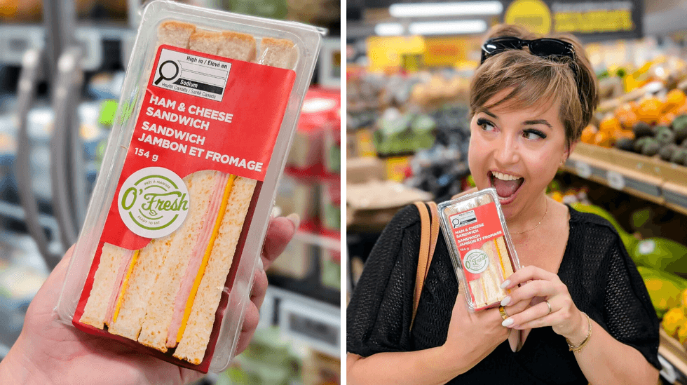 a side by side photo of someone holding up a box with a ham and cheese sandwich inside and someone pretending to bite into the box