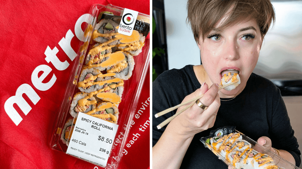A side by side photo of sushi from metro and a person eating it