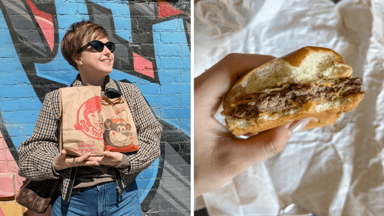 A side-by-side photo of the author with takeout bags and one of the burgers being tested