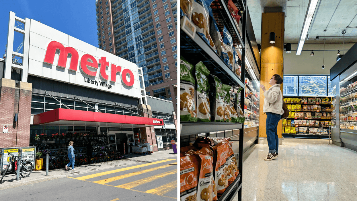a side by side photo of the outside of a metro and a person shopping in a grocery aisle