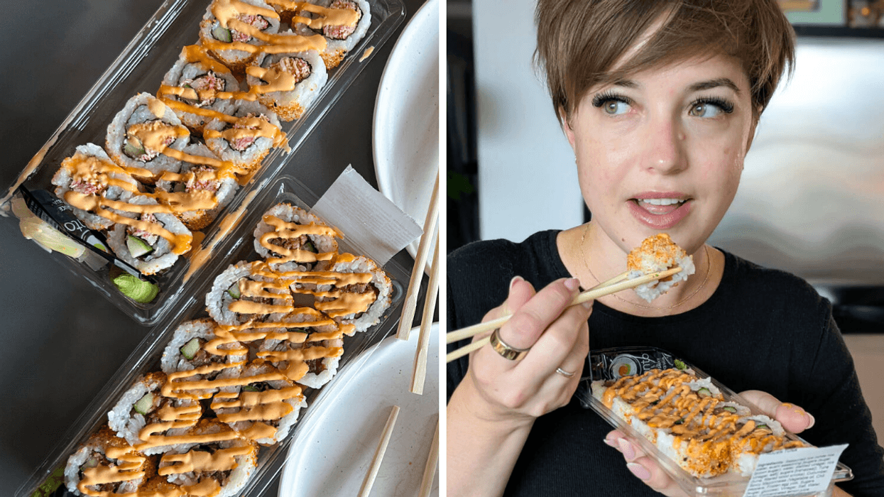 a side by side photo of two different sushi rolls and a person eating it