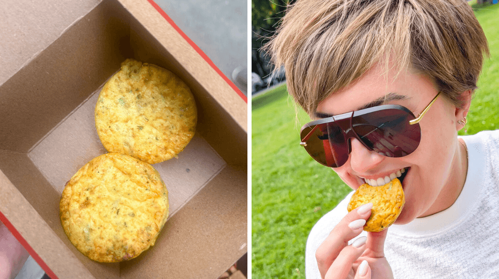 a side by side photo of two egg bites and a person biting into one of them
