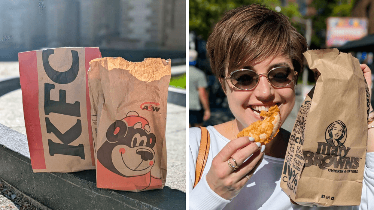 A side by side photo of two paper bags from KFC and A&W and a smiling person biting in Mary Browns chicken tender