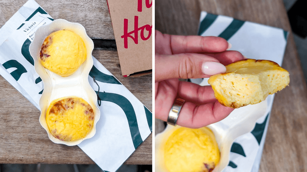 a side by side photo of two starbucks egg bites and one with two bites taken out of it