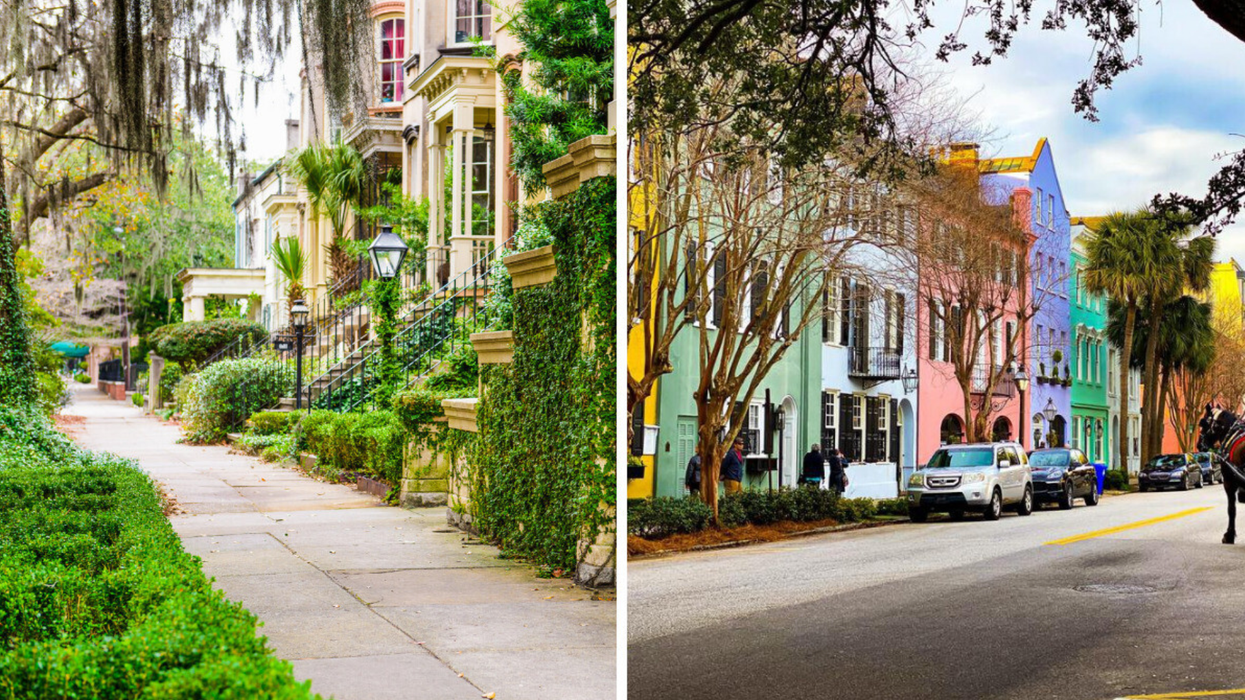 A sidewalk in Savannah, GA. Right: Rainbow Row in Charleston, SC. 
