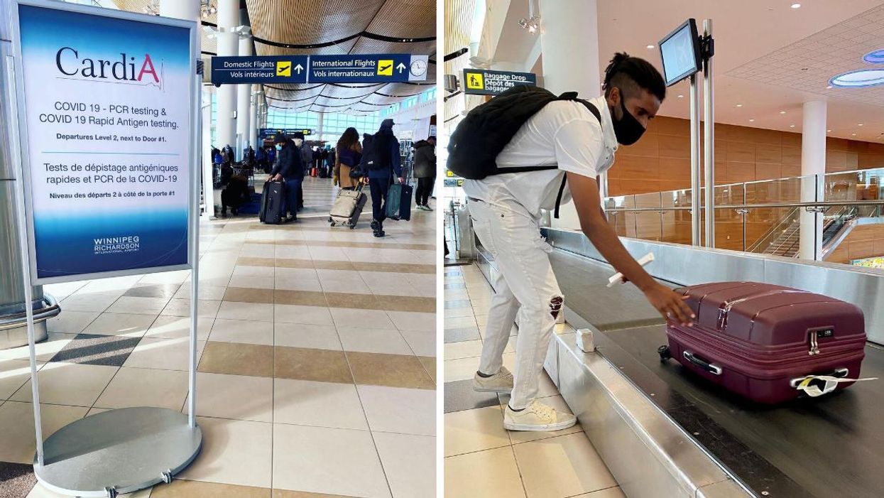 A sign about COVID-19 testing at an airport. Right: a person loads luggage on a conveyor.