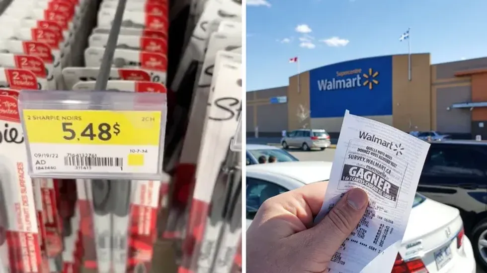 A sign advertising Sharpies for $5.48. Right: Someone holds a receipt outside of Walmart.
