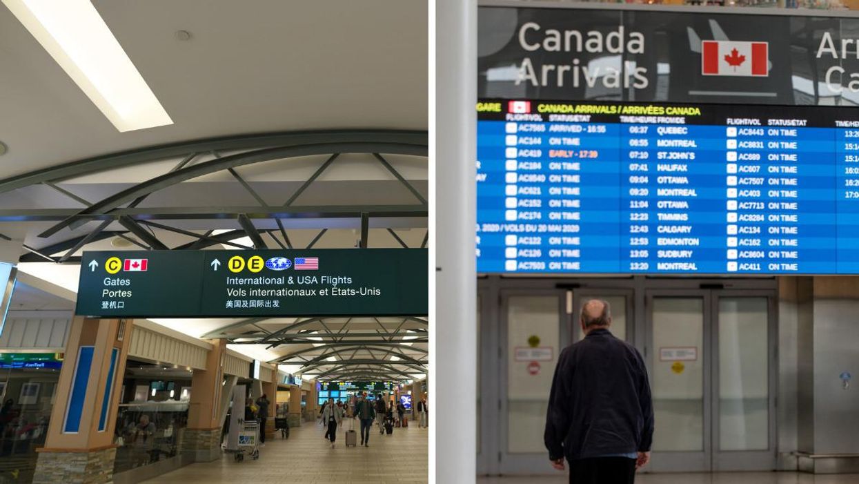 A sign at Vancouver International Airport. Right: A person looking at a schedule board.