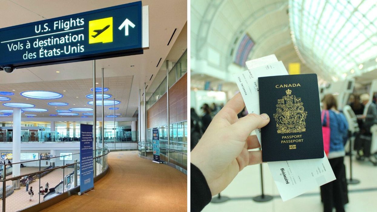 A sign directing travellers to U.S. flights inside a modern terminal. Right: A person holding a Canadian passport and boarding passes inside a busy airport with travellers in the background.