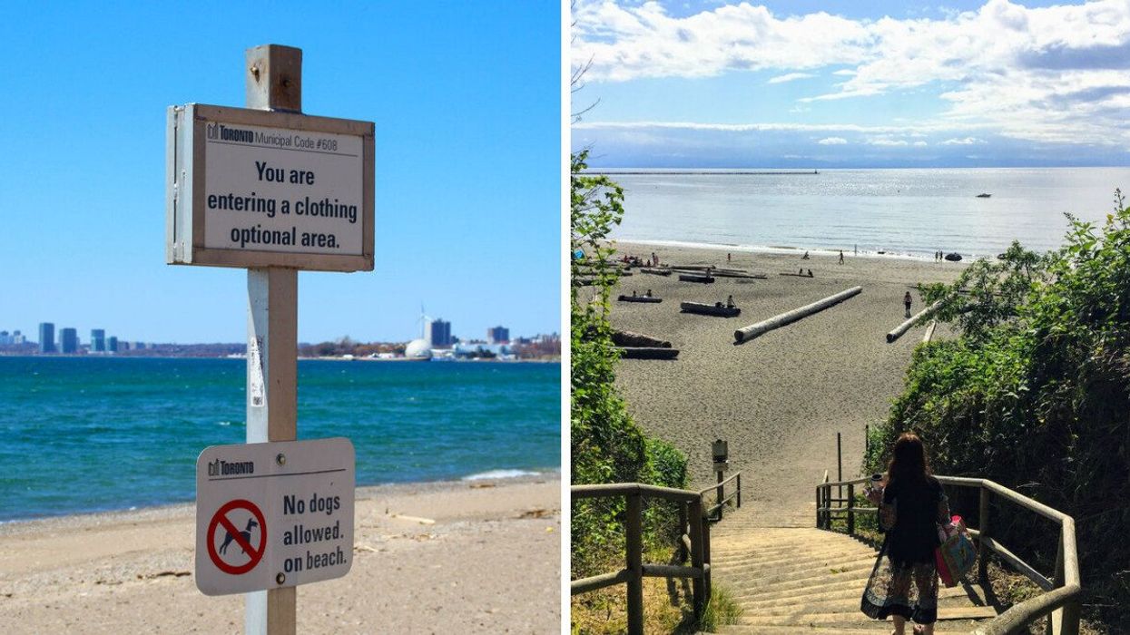 A sign for a nude beach. Right: A person walks on stairs towards a beach.