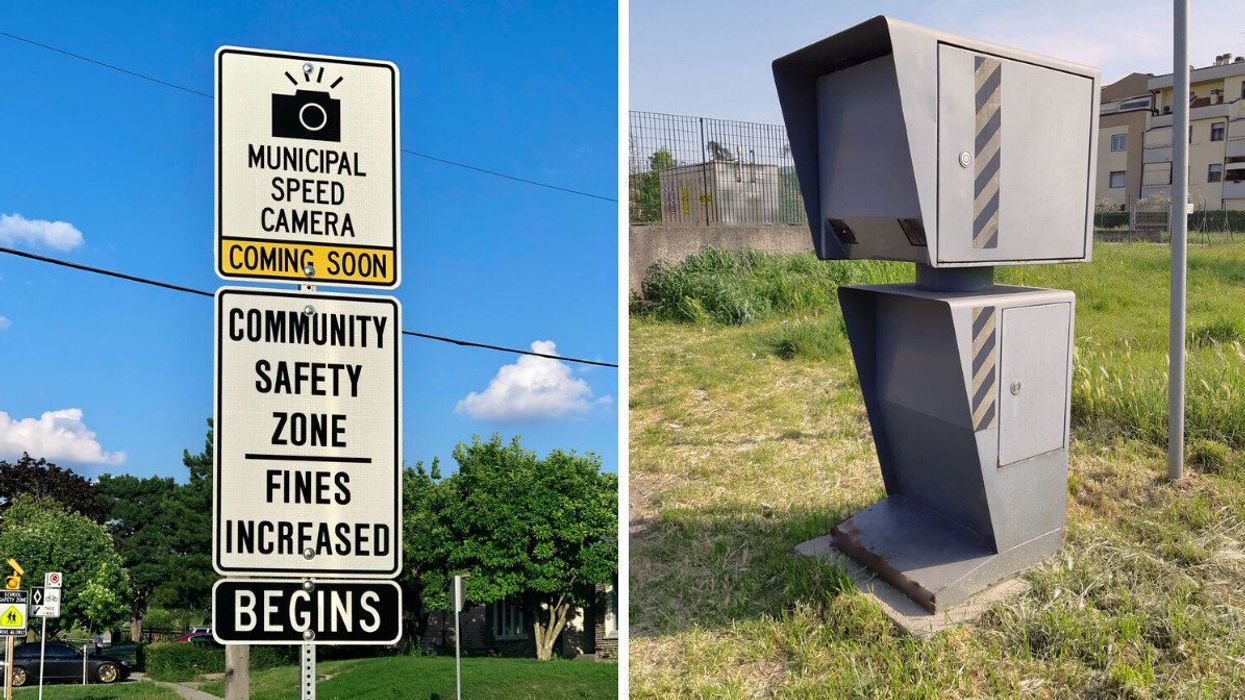 A sign for a speed camera. Right: A speed camera at the side of a road.