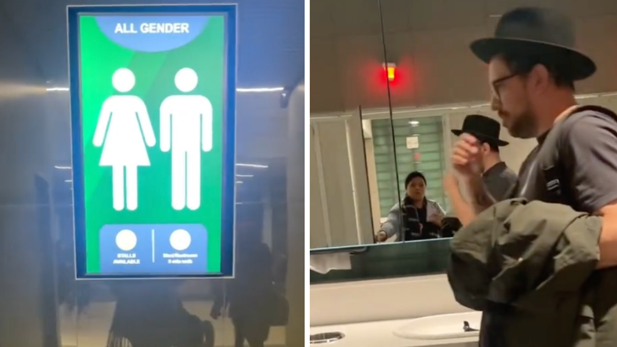 A sign for an All-Gender bathroom. Right: A TikToker in an all-gender bathroom stall as another person walks by.