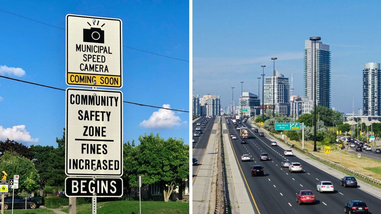 A sign for an automatic speed enforcement camera. Right: Cars on the Gardiner Expressway.