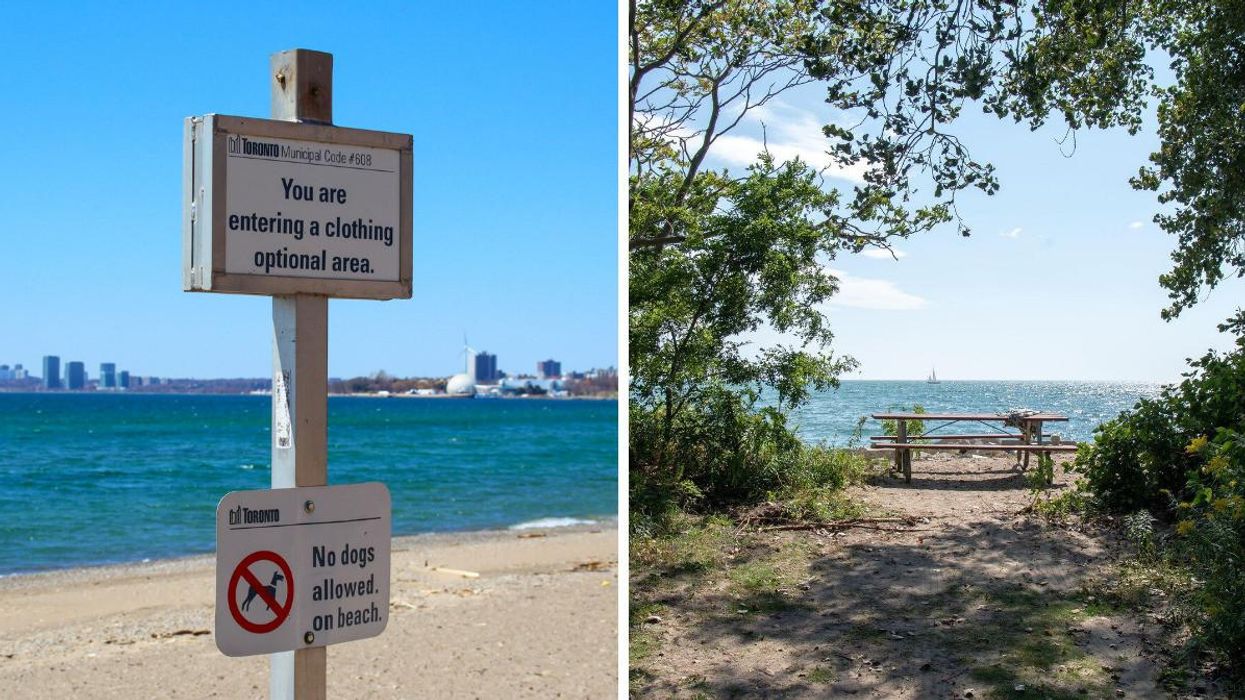 A sign for the clothing-optional area of Hanlan's Point Beach. Right: A picnic table on the beach.