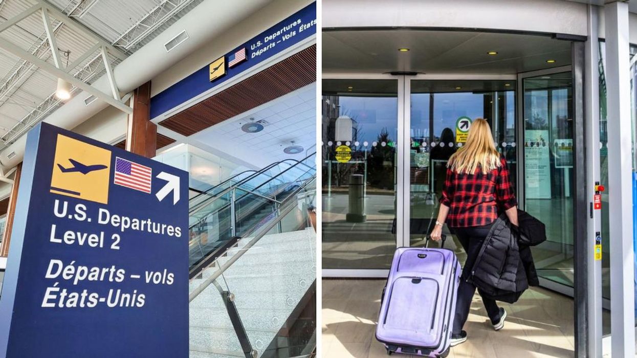 A sign for "U.S. departures" at the airport. Right: A woman wheels a suitcase into Halifax Airport.