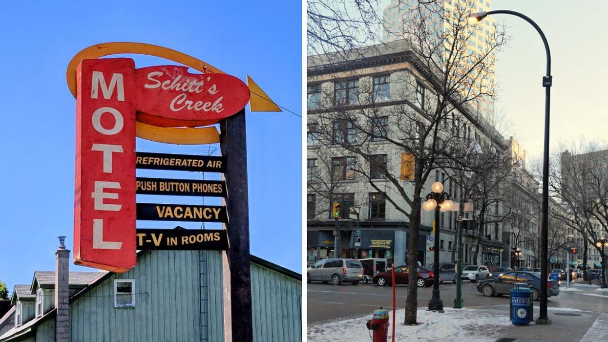 A sign from the show Schitt's Creek. Right: Downtown Winnipeg.