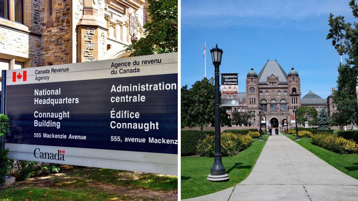 A sign of for the Canada Revenue Agency. Right: Queen's Park.