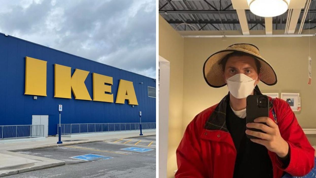 A sign on an IKEA store. Right: Tristan Wheeler with a hat he found.