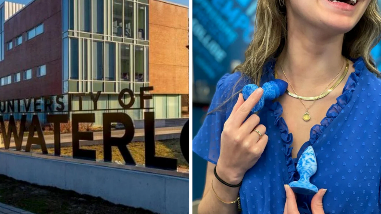 A sign on the University of Waterloo campus. Right: A woman holding two ornate butt plugs.