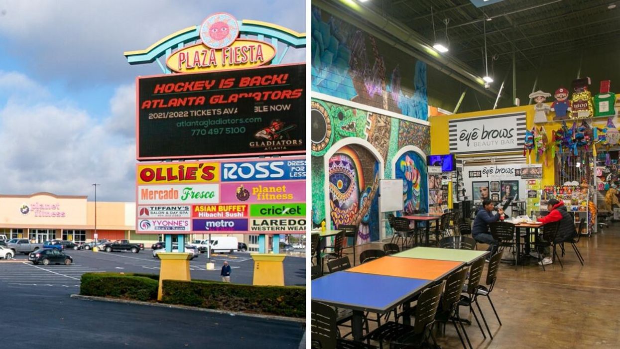 A sign outside of Plaza Fiesta. Right: Tables inside of Plaza Fiesta.