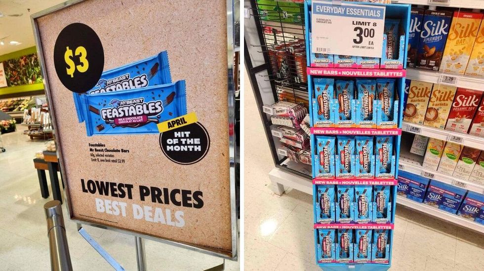 A sign showing Mr Beast Feastables for $3.00 at Loblaws. Right: Mr Beast Feastables at Loblaws.