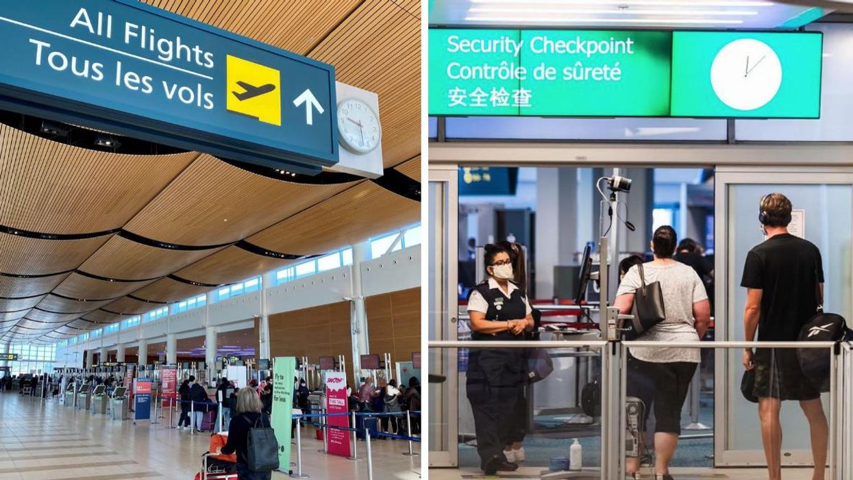 A sign that reads "all flights" at an airport in Canada. Right: Travellers pass through security at Vancouver Airport.