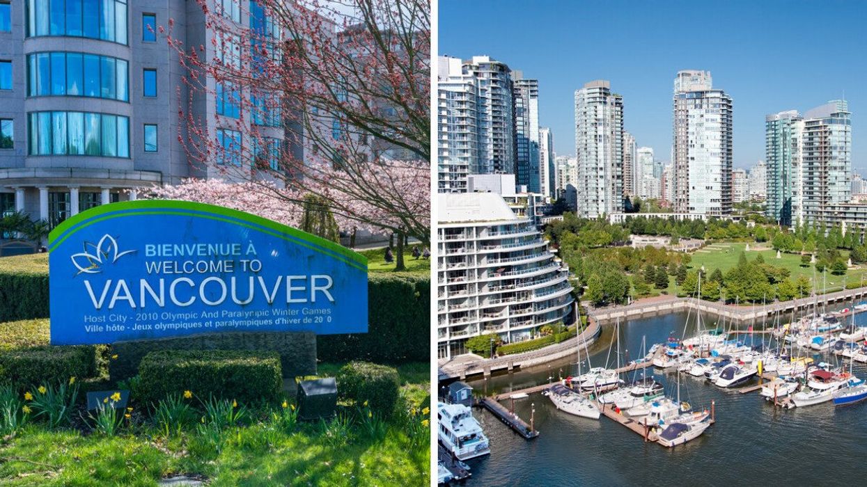 A sign that reads "Welcome to Vancouver." Right: A scenic shot of Vancouver from a bridge.