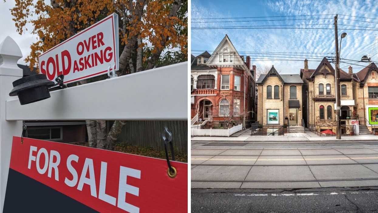 A sign that says a home sold over its asking price. Right: Homes in Toronto, Ontario.