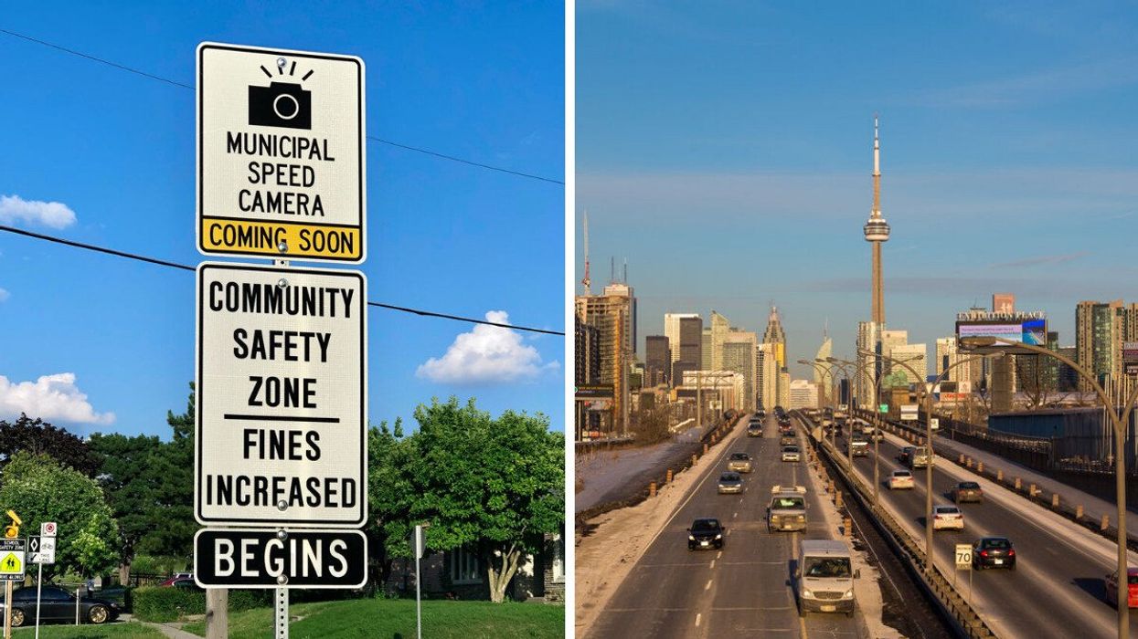 A sign warning of a speed camera coming up soon. Right: Traffic on the Gardiner Expressway.