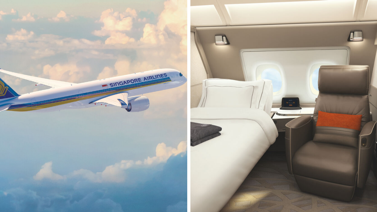 A Singapore Airlines flight. Right: A suite on a Singapore Airlines plane.
