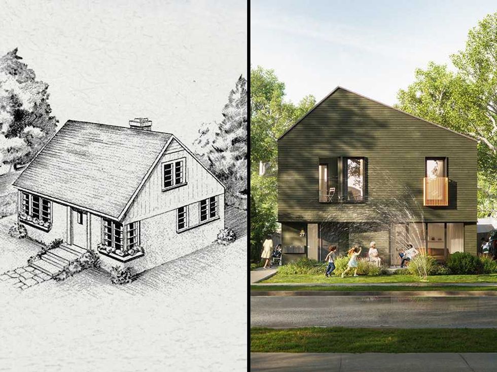 A single-family postwar "Victory Home" (left) and the new design for Ontario Fourplex 02 (right).