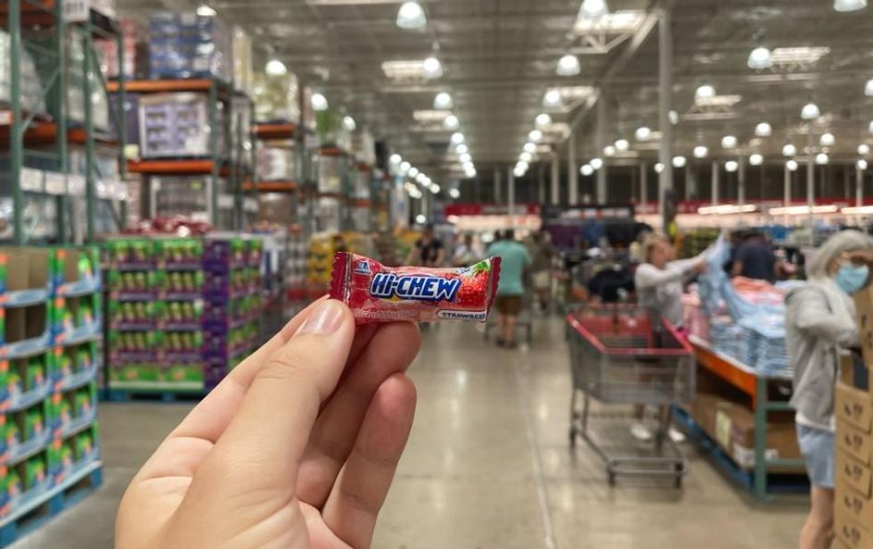 A single strawberry Hi-Chew.
