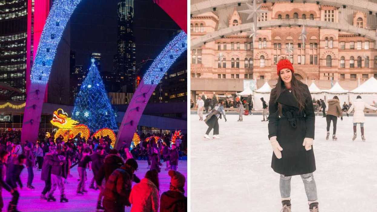A skating rink with glowing lights: Right: A person on a skating rink.