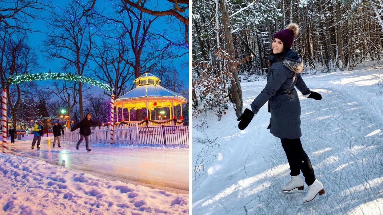 A skating trail is seen at night with holiday lights and a gazebo. Right: A person skates on an ice trail in a forest.