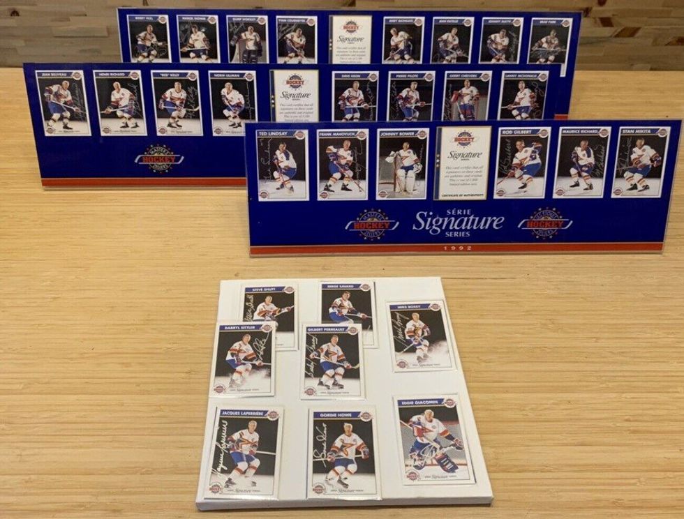 A slate of hockey cards.