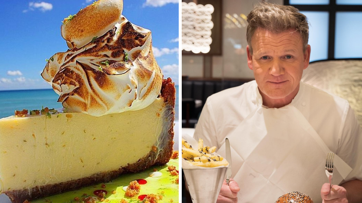 A slice of Benny's On The Beach Key Lime Pie. Right: Gordon Ramsay holding cutlery in his hands at Harrod's.