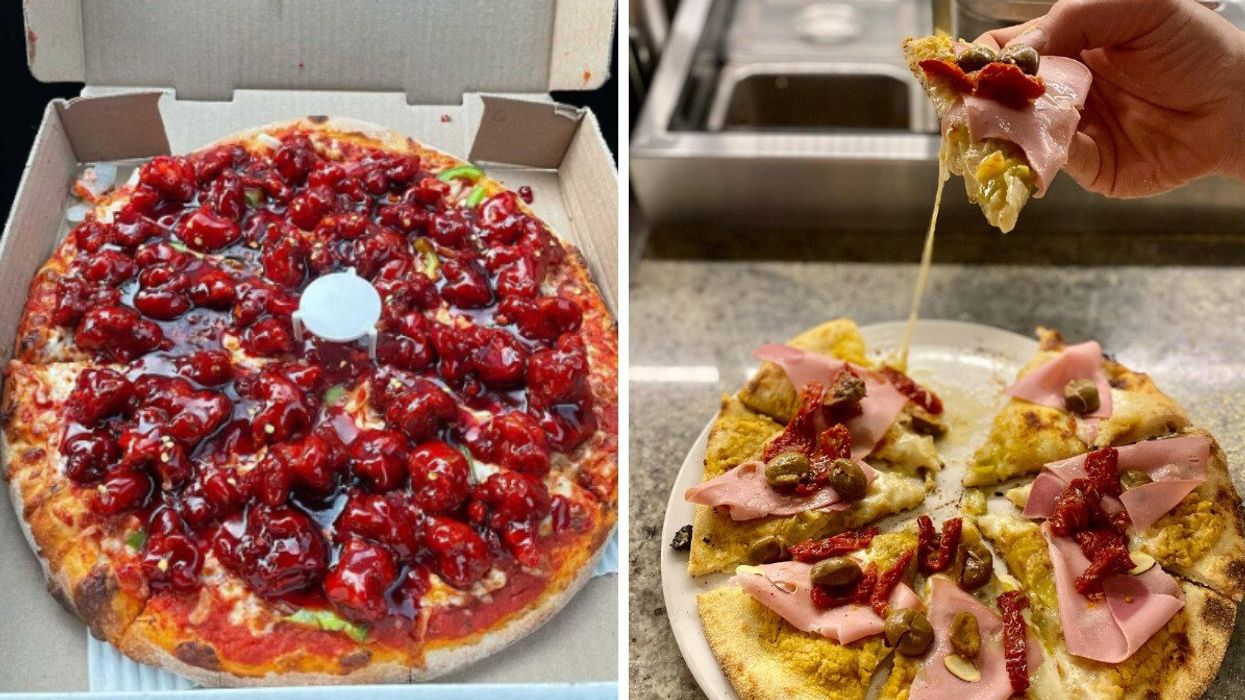 A slice of General Tao pizza. Right: Pizza.