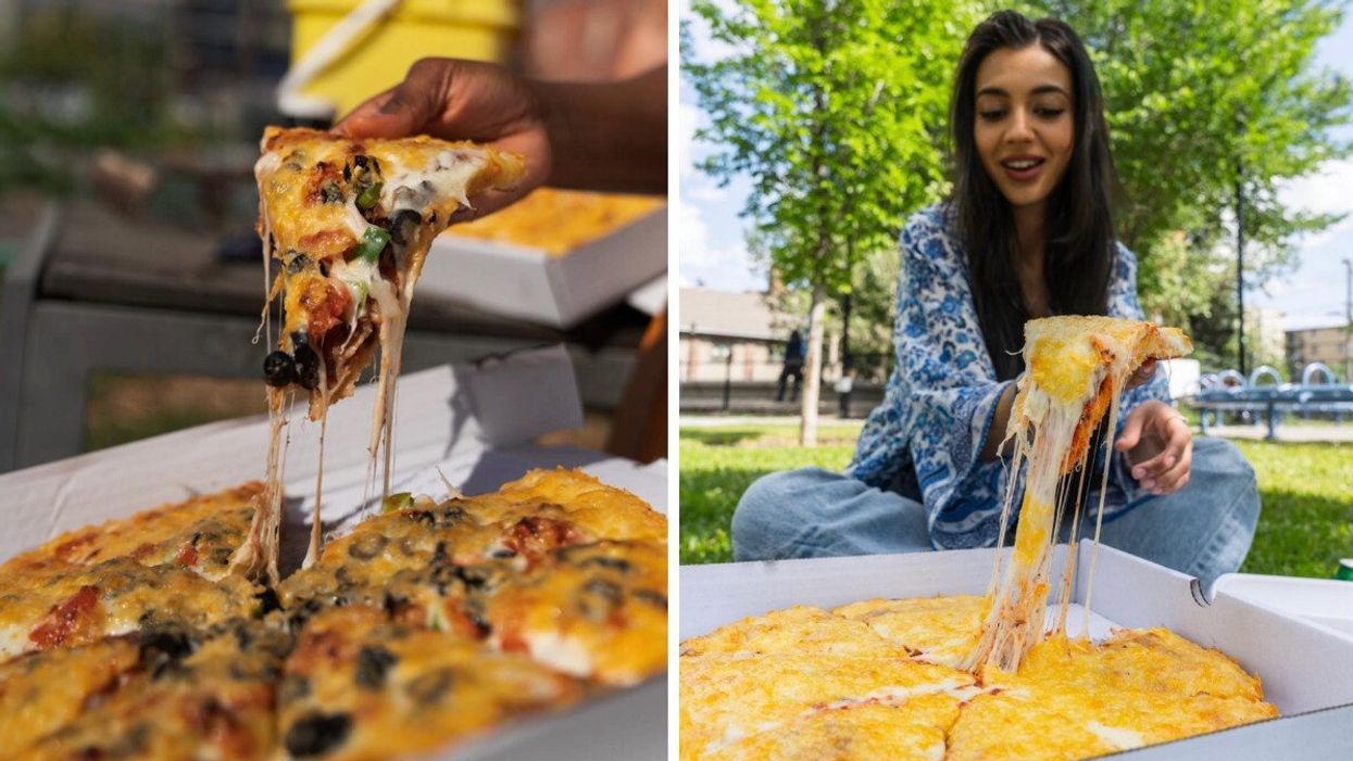 A slice of green pepper, black olive and mozzarella cheese pizza. Right: A person holding a slice with a lengthy cheese pull.