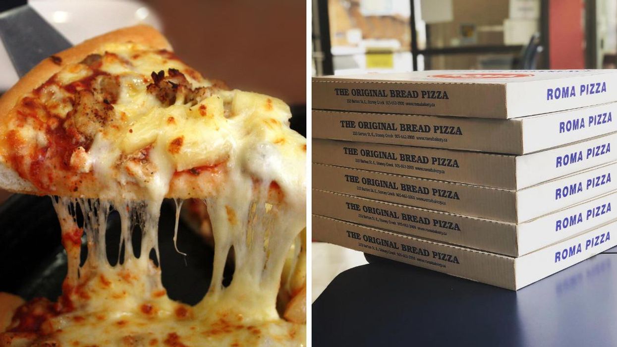 A slice of Hawaiian Pizza. Right: A stack of Roma Pizza boxes.