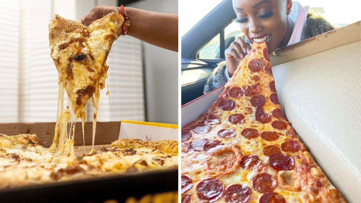 A slice of Maker Pizza. Right: A woman eats a giant slice of pizza from Lamanna's Bakery in Toronto.