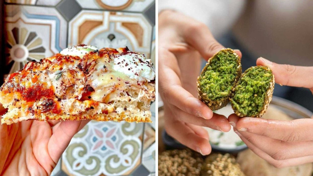 A slice of pizza from Levant. Right: Falafel from Masrawy.