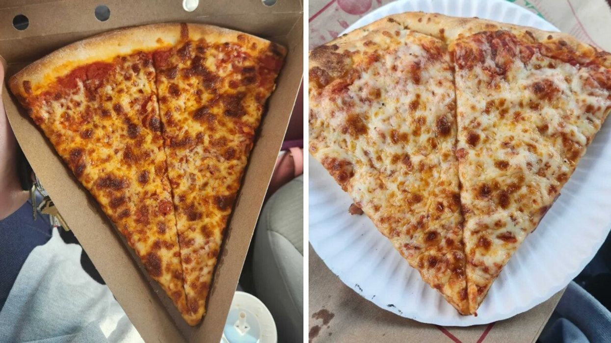 A slice of pizza in a cardboard container. Right: A slice of pizza on a paper plate.